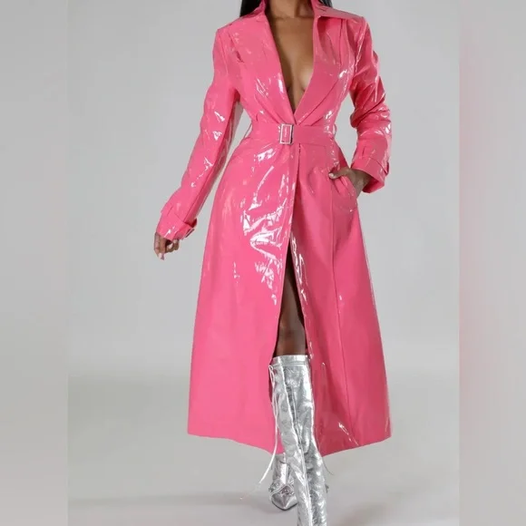 Pink Faux Leather Trench Coat - Picture 2 of 5